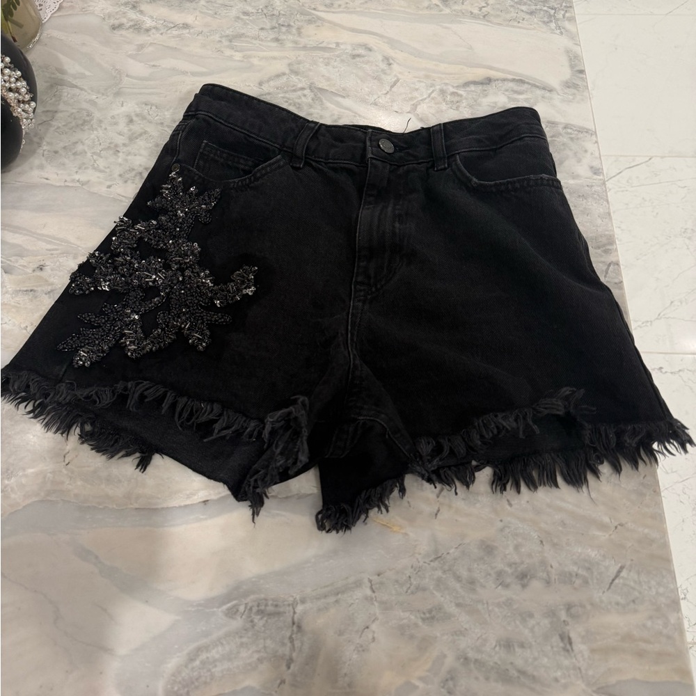 ZARA Black Denim Shorts with Sequin/embelishment Detail